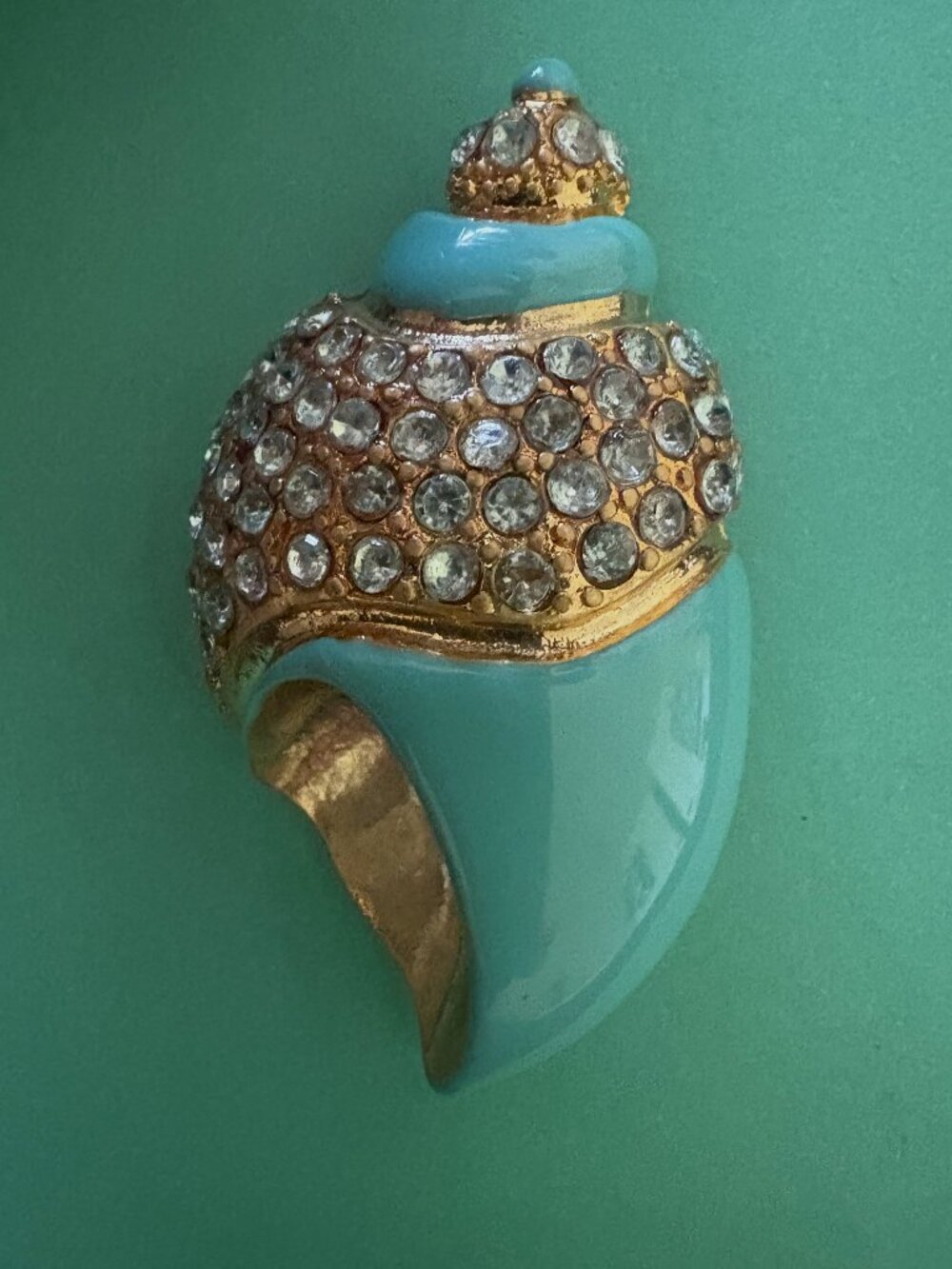 Vintage 1976 Liz Claibourne Brooch Rhinestone Gold/Aqua Enamel Marked Authentic